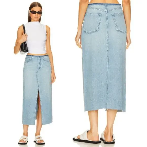 Rag & Bone Clara Denim Midi Skirt Raw Hem - Picture 1 of 6
